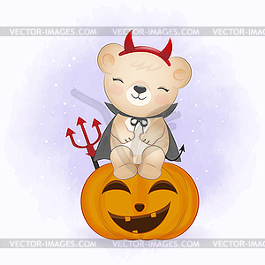 Cute devil bear on pumpkin cartoon animal Halloween - vector clipart