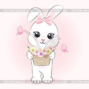 Cute Bunny and flowers in basket cartoon - vector image