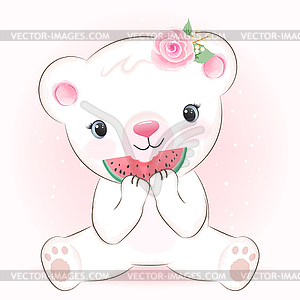 Cute Little Bear and watermelon, cartoon - stock vector clipart