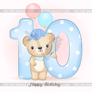 Cute little Bear birthday party with number, - vector clipart
