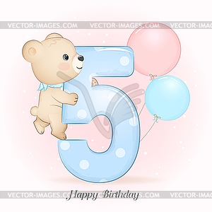 Cute little Bear birthday party with number, - vector clip art