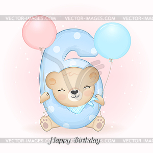 Cute little Bear birthday party with number, - vector clipart