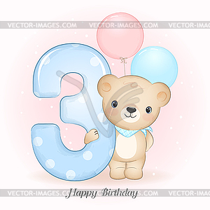 Cute little Bear birthday party with number, - vector image