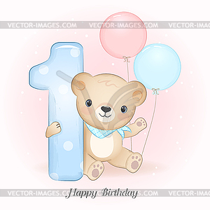 Cute little Bear birthday party with number, - vector image