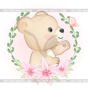 Cute Bear and flora frame cartoon animal watercolor - vector image