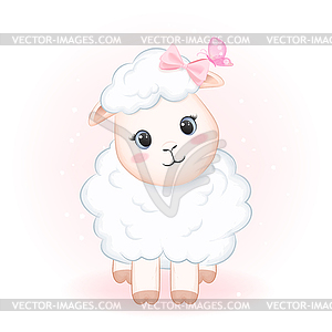 Cute little sheep and butterfly cartoon animal - vector clipart