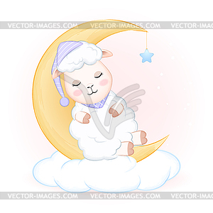 Cute little sheep sleeping on moon animal watercolo - vector clipart