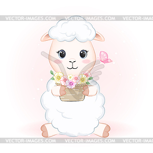 Cute Little Sheep and flowers in basket with - vector clip art
