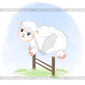 Милая овца прыгает через забор мультяшный illustratio - клипарт в векторном виде