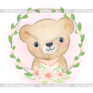 Cute Little Bear and flora frame, animal watercolor - vector EPS clipart