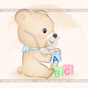 Cute little bear and ABC toy block - vector image