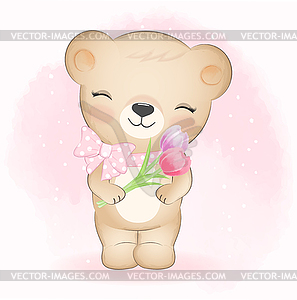 Cute Little Bear and flowers, cartoon animal - vector image