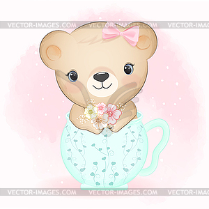 Cute Little Bear sitting in cup animal watercolor - vector clipart