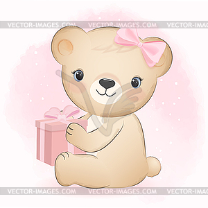 Cute Little Bear and gift box, animal watercolor - vector clip art