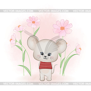 Cute little mouse and and cosmos flower, cartoon - vector image