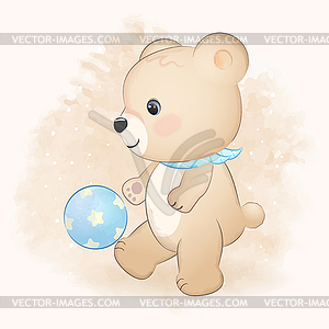 Cute teddy bear playing football - vector clip art