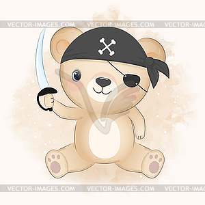 Cute pirate bear cartoon animal watercolor - vector clipart