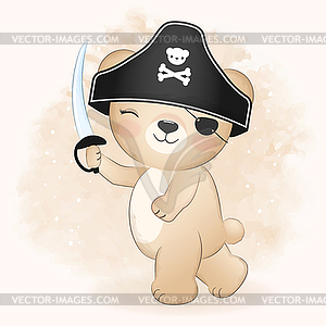 Cute pirate bear cartoon animal watercolor - vector clipart