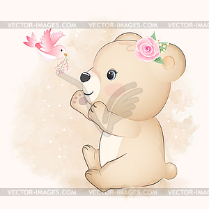 Cute Little Bear with bird cartoon animal watercolor - vector image