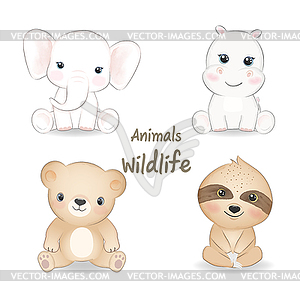 Cute animals wildlife set, animal watercolor - vector clipart