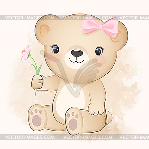 Cute Little Bear and cosmos flower, watercolor - color vector clipart