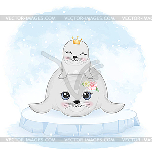 Cute baby seal and mom on ice floe animal watercolo - vector clipart