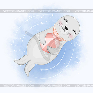 Cute baby seal and ball floating in water animal - vector clipart