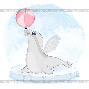 Cute baby seal and ball on ice floe cartoon animal - vector clipart