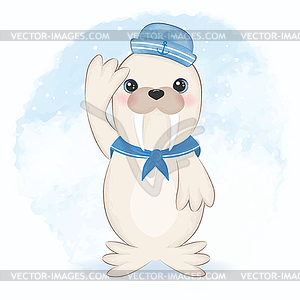 Cute walrus sailor cartoon arctic animal watercolor - royalty-free vector clipart