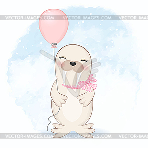 Cute seal and balloon cartoon animal watercolor - vector image