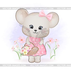 Cute little mouse with flowers in basket, cartoon - vector image