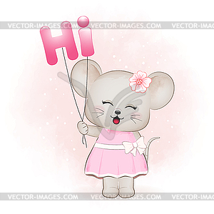 Cute little mouse with balloons. Say HI concept - vector clip art