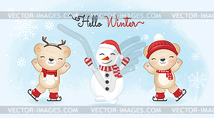 Cute little bears on ice skates and snowman, - vector clipart