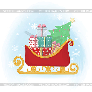 Sleigh and pine christmas with gift, Christmas - vector clipart