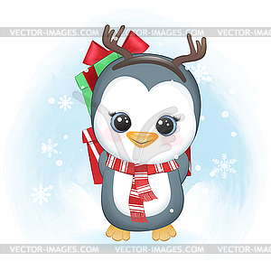 Cute penguin and gift box in winter, Christmas  - vector image