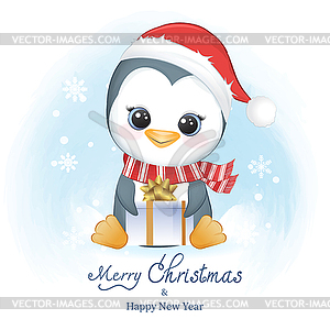 Cute penguin and gift box in winter, Christmas  - vector image