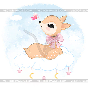 Cute little deer sitting on cloud blue watercolor - vector image