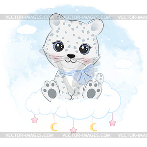 Cute little snow leopard sitting on cloud arctic - vector clipart