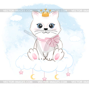 Cute little cat sitting on cloud blue watercolor - vector clip art