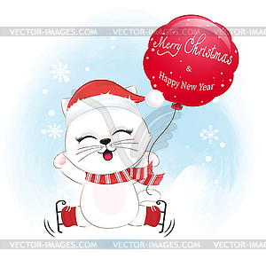 Cute cat and red balloon in winter, Christmas  - vector clip art