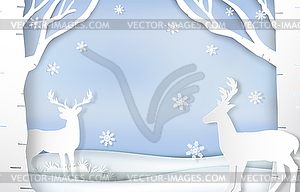 Paper art of reindeer and snowflake Christmas - vector clipart