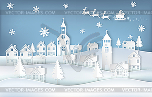 Santa and deer at city with snowflake background. - vector image