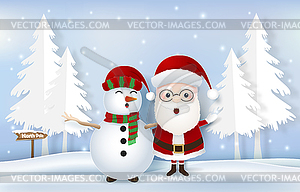Santa with snowman and north pole tag paper art, - vector image