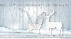 Paper art of couple deer and pine tree, winter - vector clipart