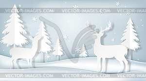 Paper art of couple deer and pine tree, winter - vector image