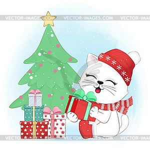 Cute cat and gift boxes, Christmas season - vector clip art