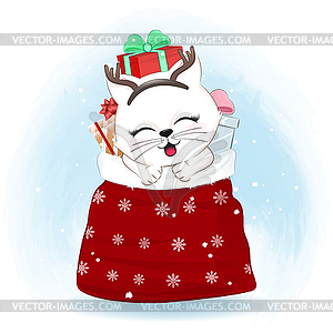 Cute cat in gift bag Christmas season - vector clipart