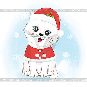 Cute cat wearing costume santa, Christmas - color vector clipart