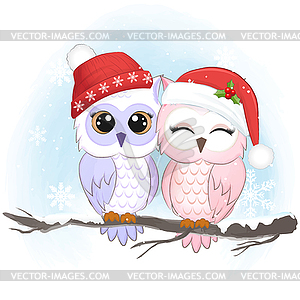 Cute couple owl in winter, Christmas season  - vector clipart