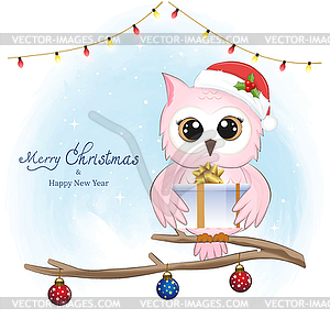 Cute owl and gift box, winter and Christmas season  - vector clip art